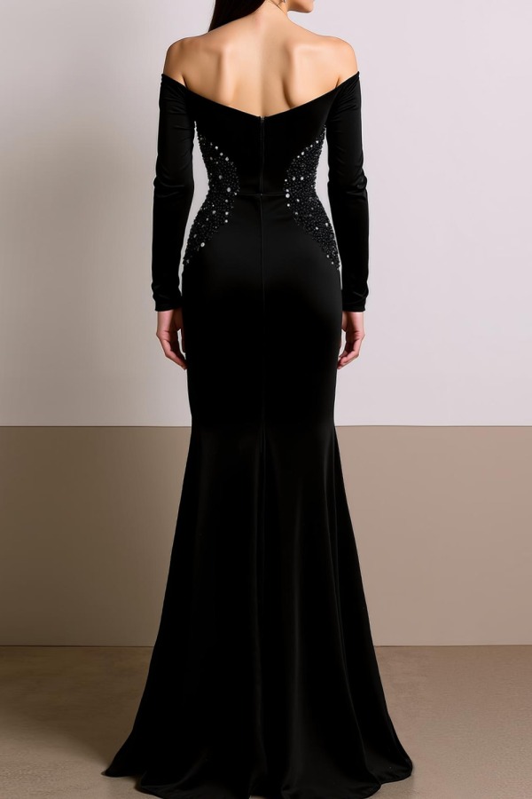 Evening Formal Dress Mermaid Black Long Sleeves Beaded Maxi Dress