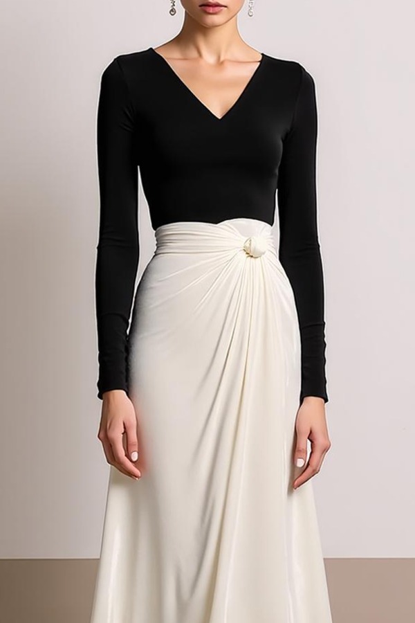 Evening Formal Dress White V-Neck Long Sleeves Maxi Dress