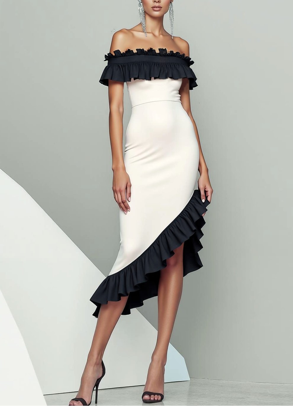 Black Sheath Satin Asymmetrical Evening Dress with Ruffles