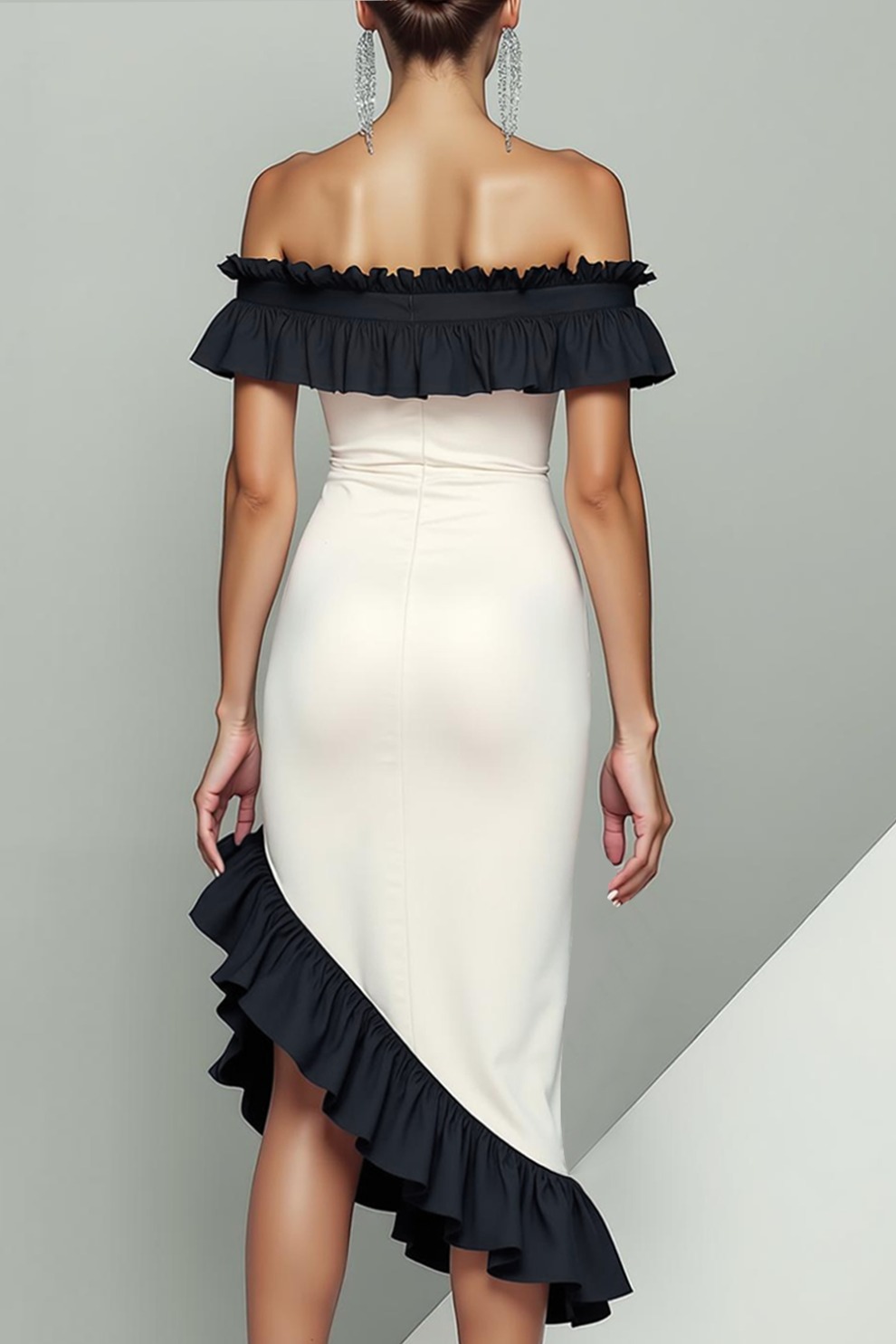Black Sheath Satin Asymmetrical Evening Dress with Ruffles