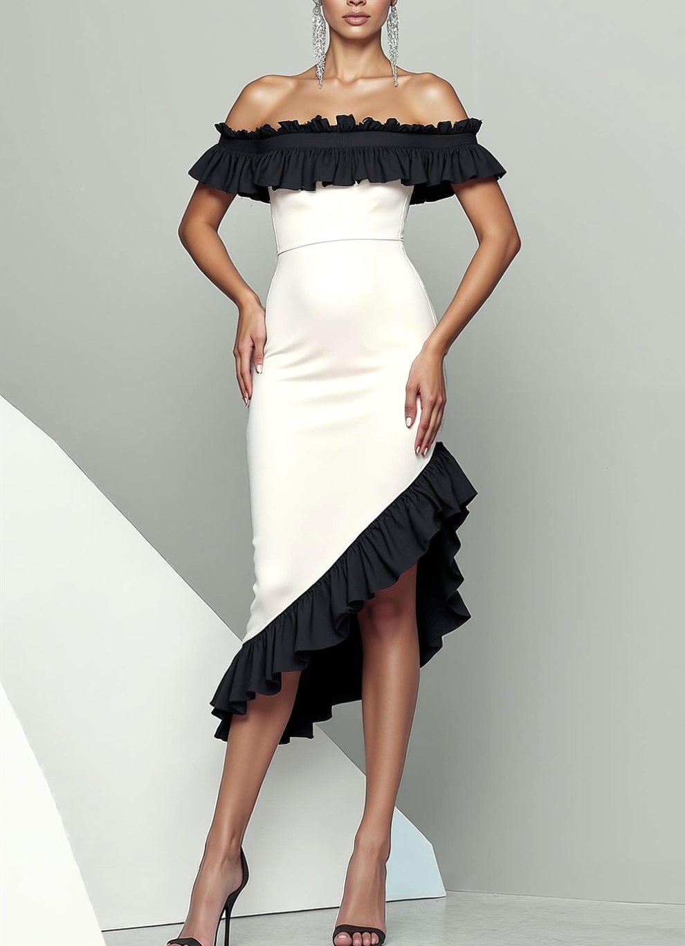 Black Sheath Satin Asymmetrical Evening Dress with Ruffles