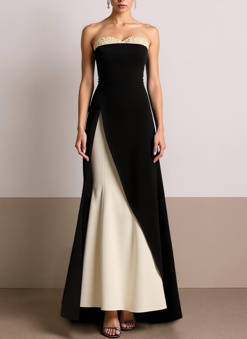 Black White Patchwork Sweetheart A Line Long Evening Dress