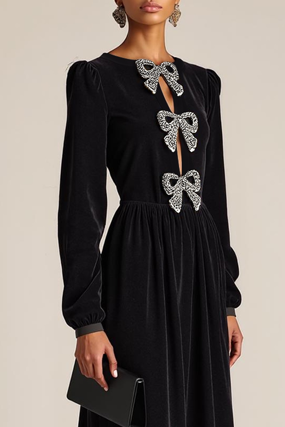 Black Formal Evening Dress A-Line Crew Neck Long Sleeves Bowknot Maxi Dress