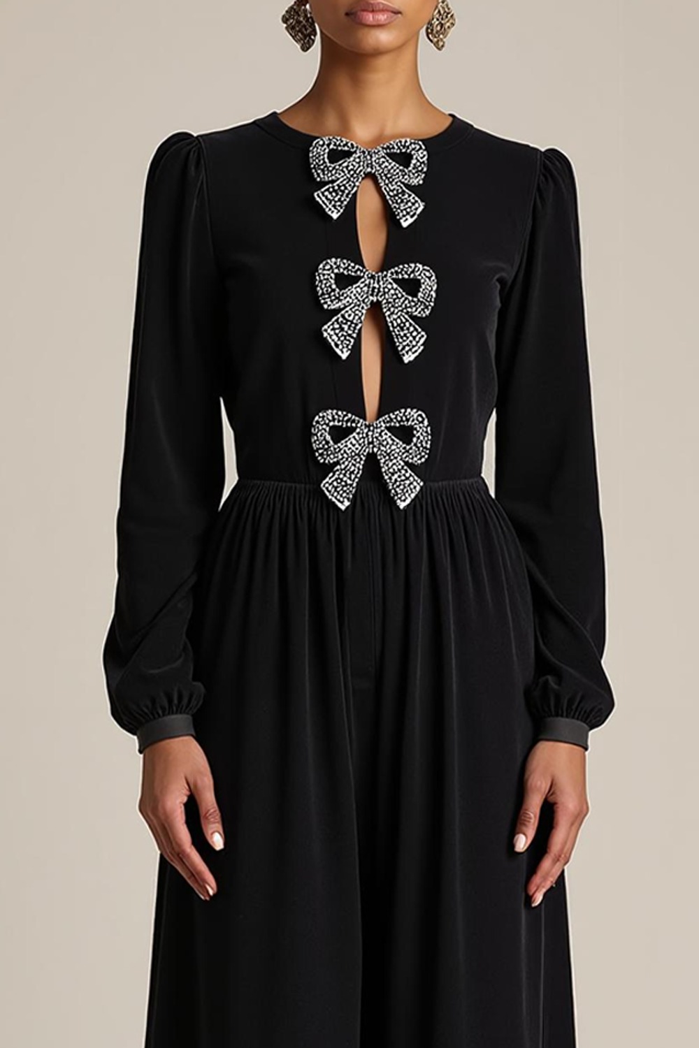 Black Formal Evening Dress A-Line Crew Neck Long Sleeves Bowknot Maxi Dress