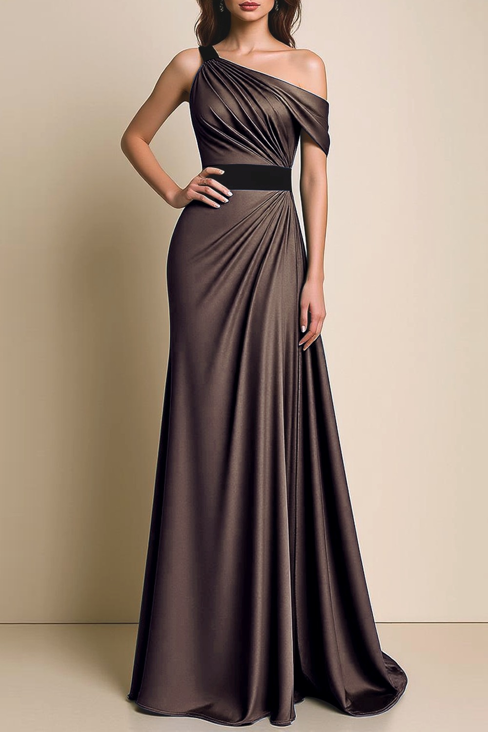 Formal Dress Navy One Shoulder Ruched Satin Maxi Dress