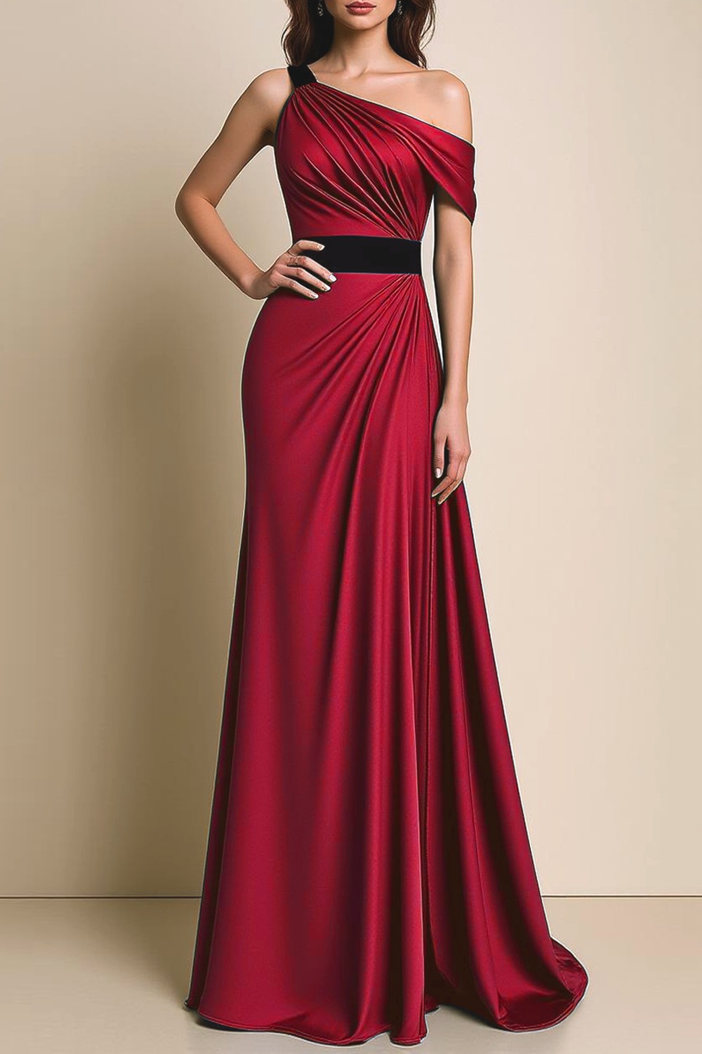 Formal Dress Navy One Shoulder Ruched Satin Maxi Dress