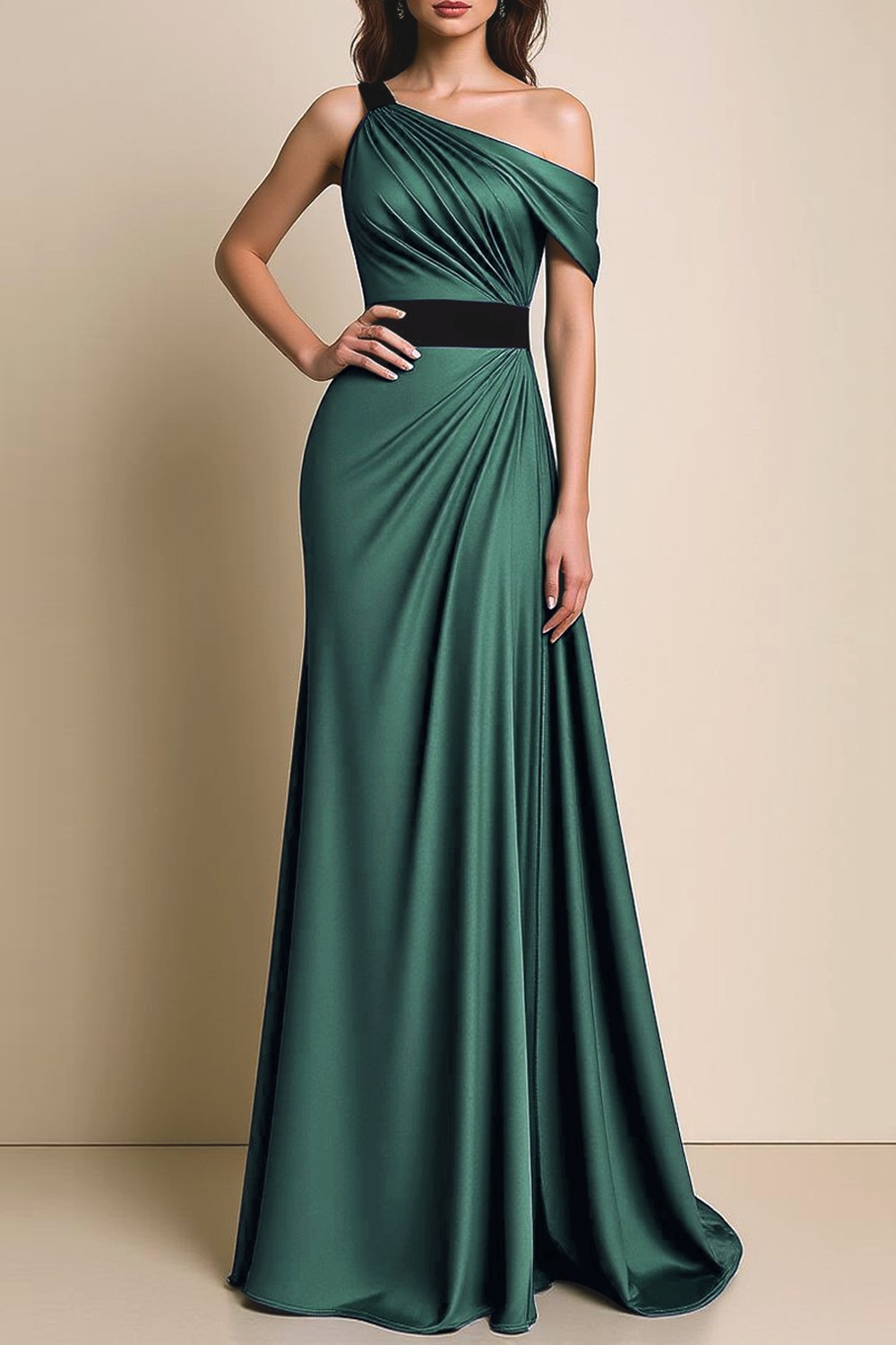 Formal Dress Navy One Shoulder Ruched Satin Maxi Dress