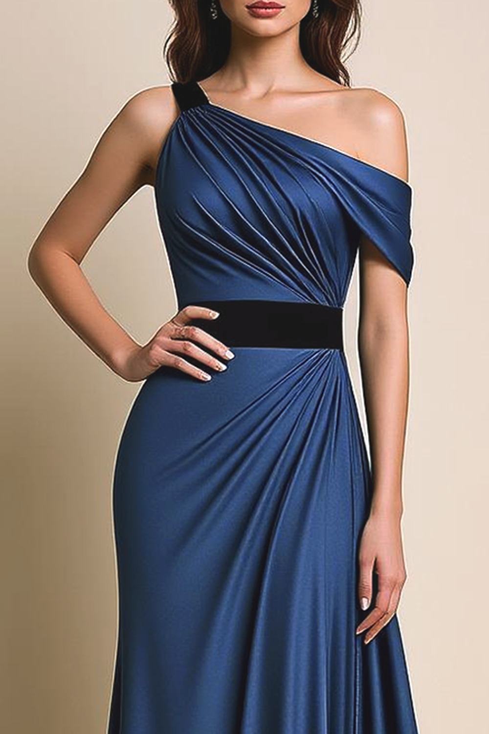 Formal Dress Navy One Shoulder Ruched Satin Maxi Dress