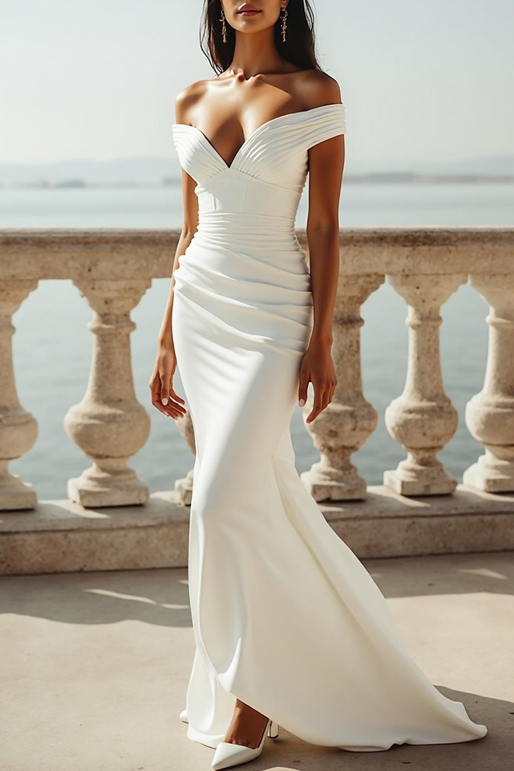 Formal Dress White Sheath Off the Shoulder Maxi Dress