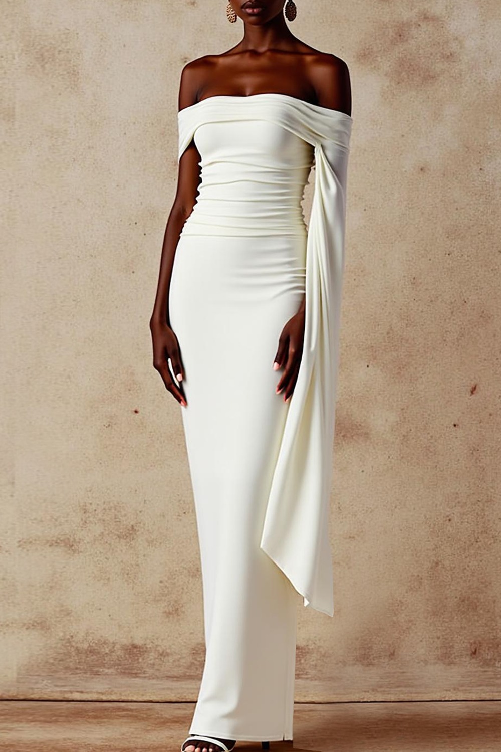 Evening Formal Dress White Off the Shoulder Cape Maxi Dress