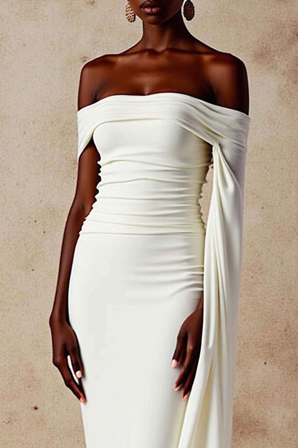 Evening Formal Dress White Off the Shoulder Cape Maxi Dress