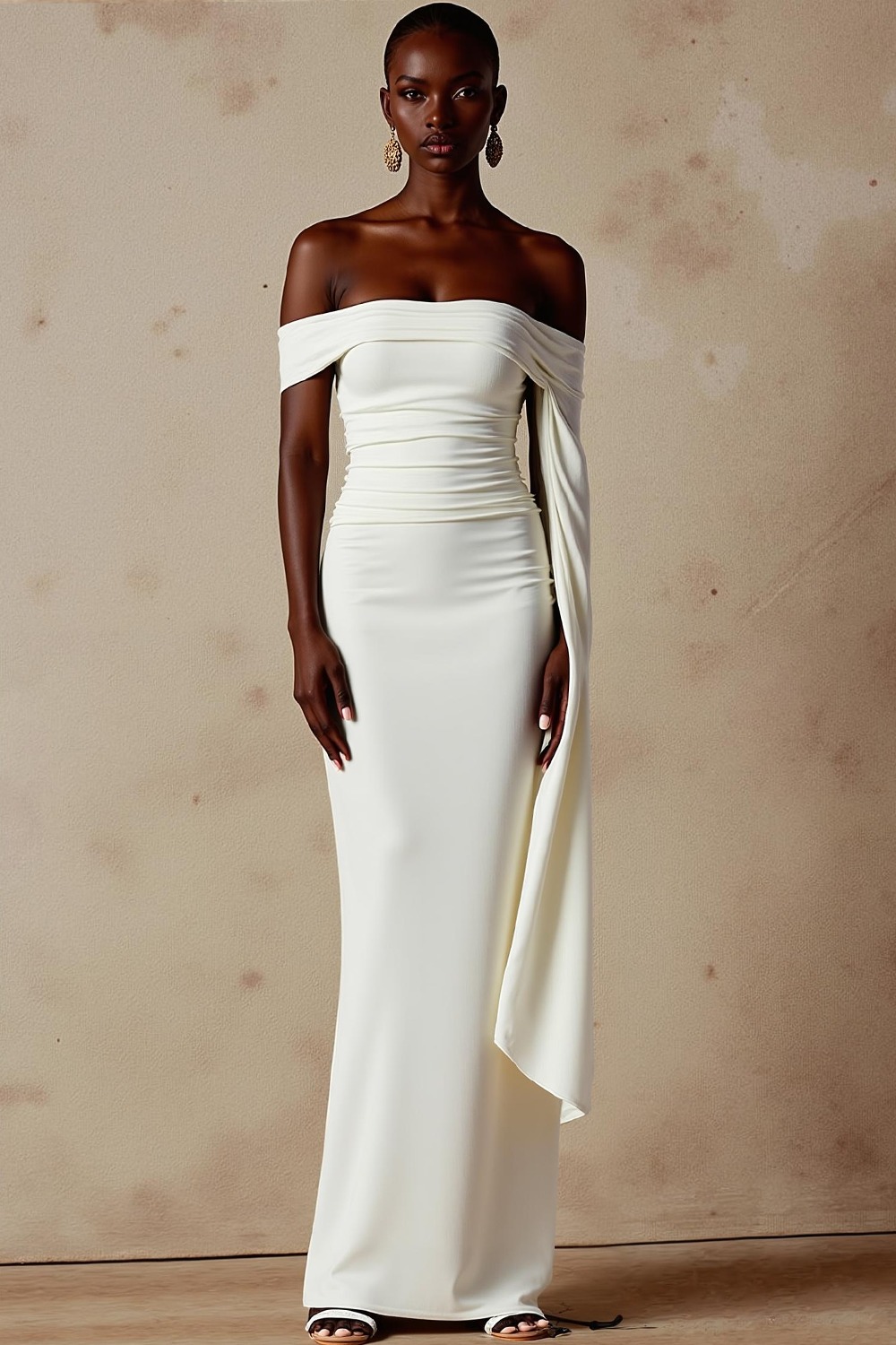 Evening Formal Dress White Off the Shoulder Cape Maxi Dress
