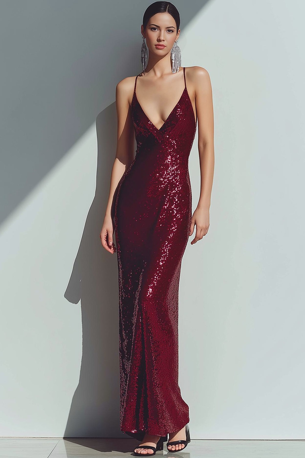 Formal Evening Dress Burgundy Spaghetti Straps Sequin Maxi Dress