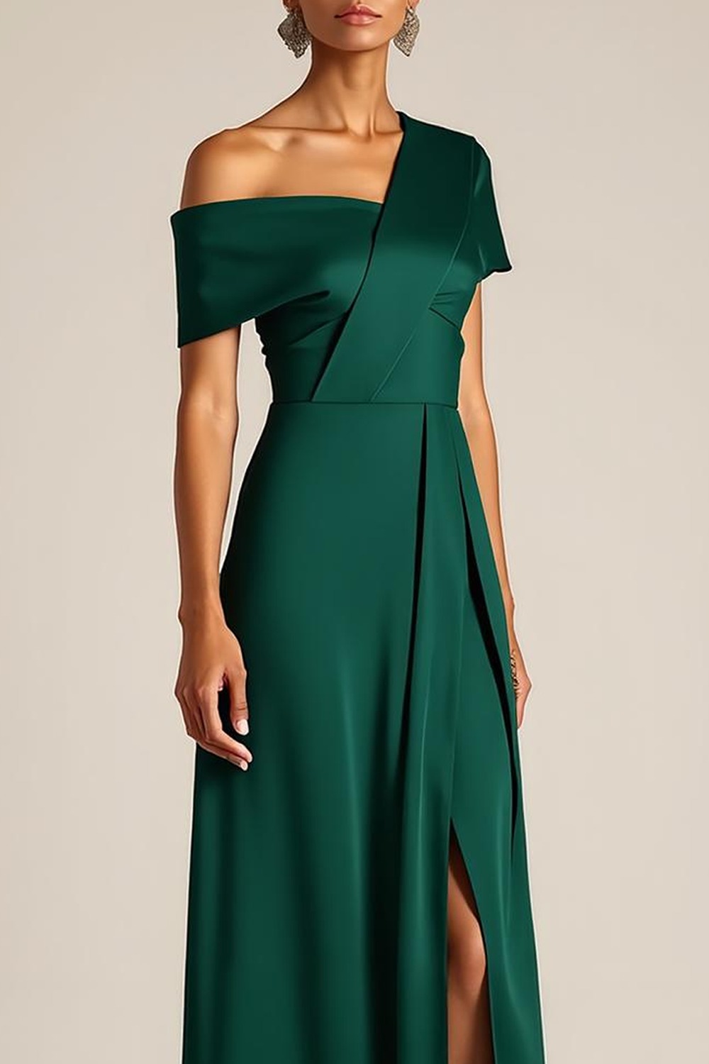 Formal Dress Dark Green One Shoulder Satin Slit Maxi Dress