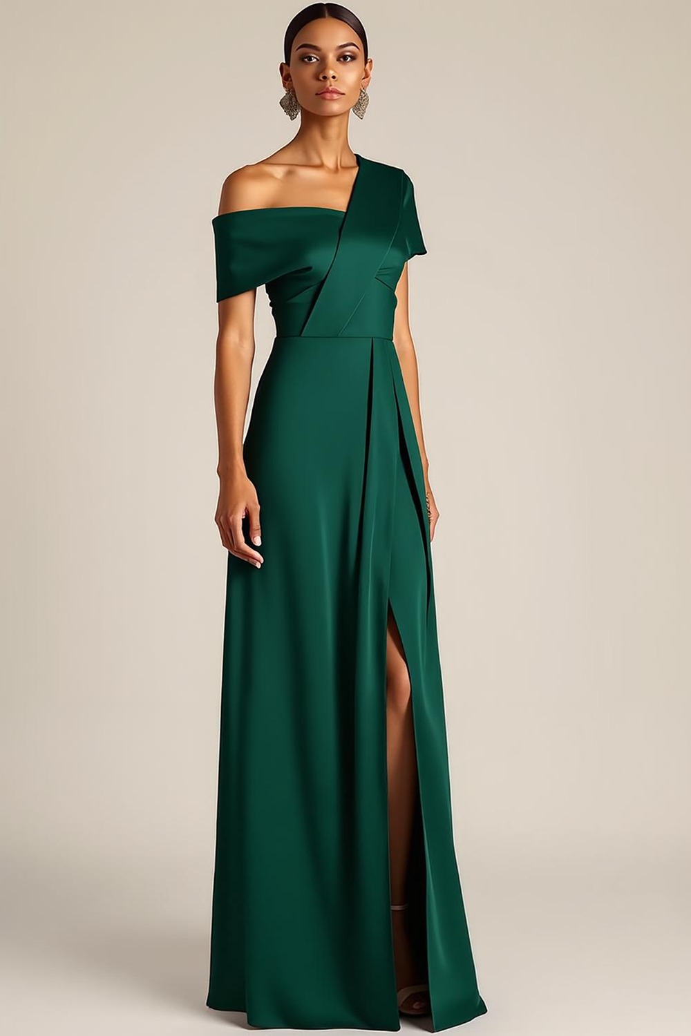 Formal Dress Dark Green One Shoulder Satin Slit Maxi Dress