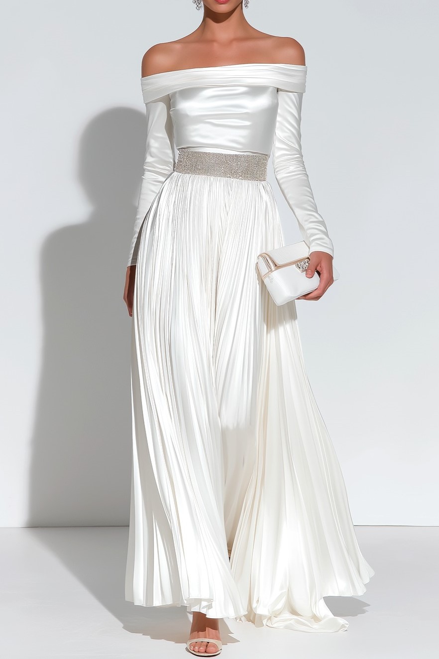 Evening Formal Dress White Off the Shoulder Pleated Satin Maxi Dress