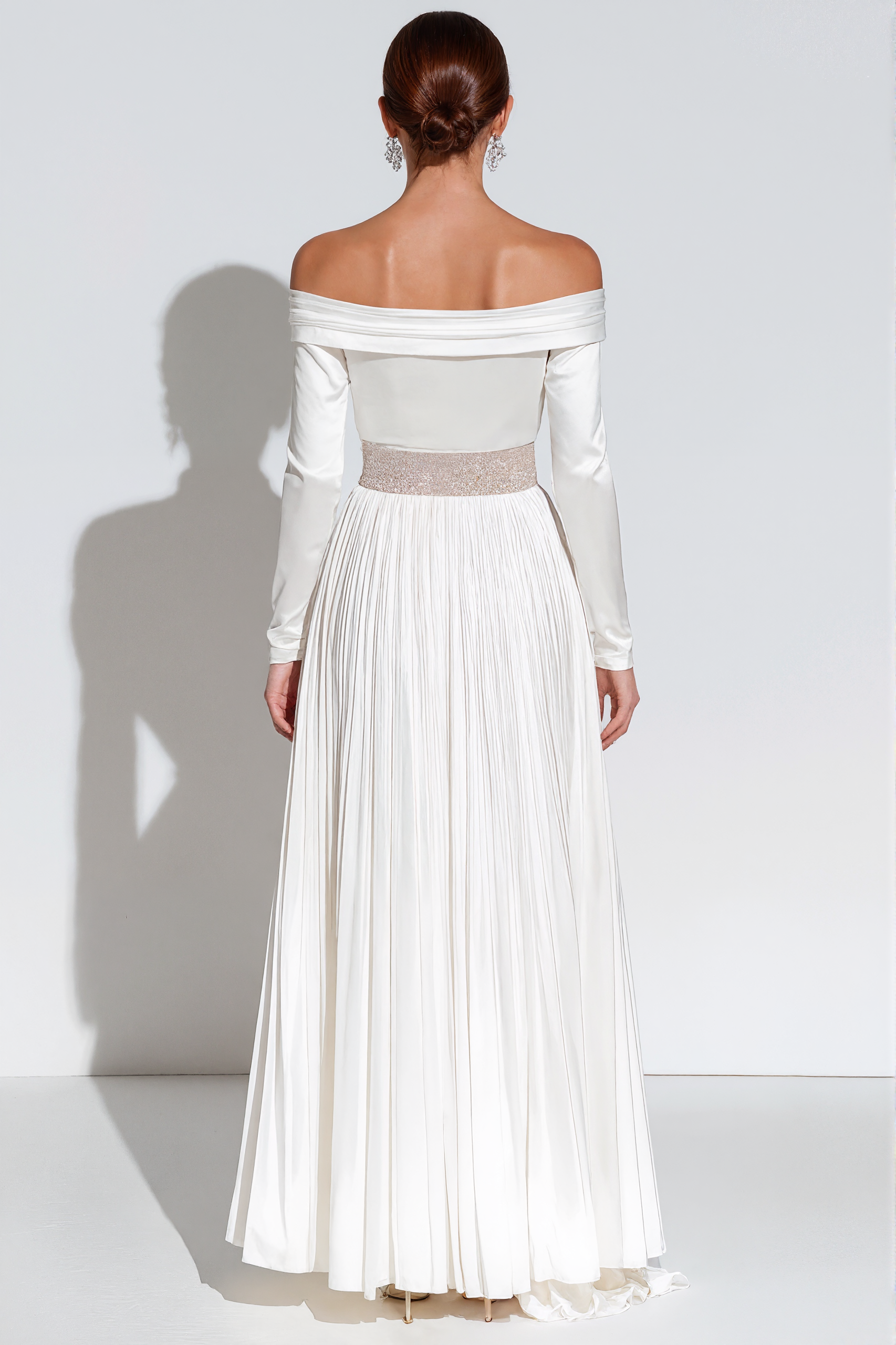 Evening Formal Dress White Off the Shoulder Pleated Satin Maxi Dress