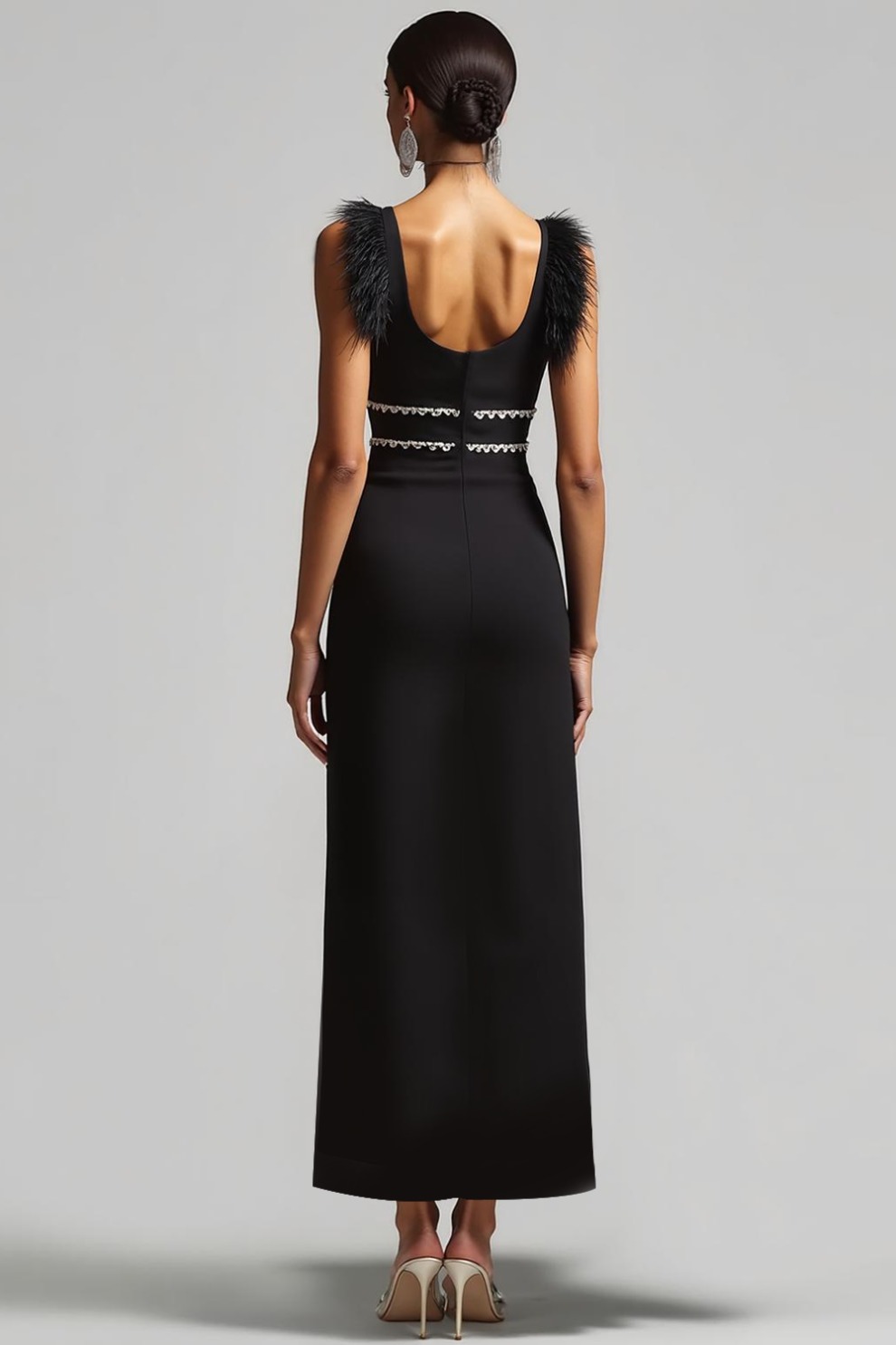 Black Sheath Square Neck Long Formal Dress with Feather