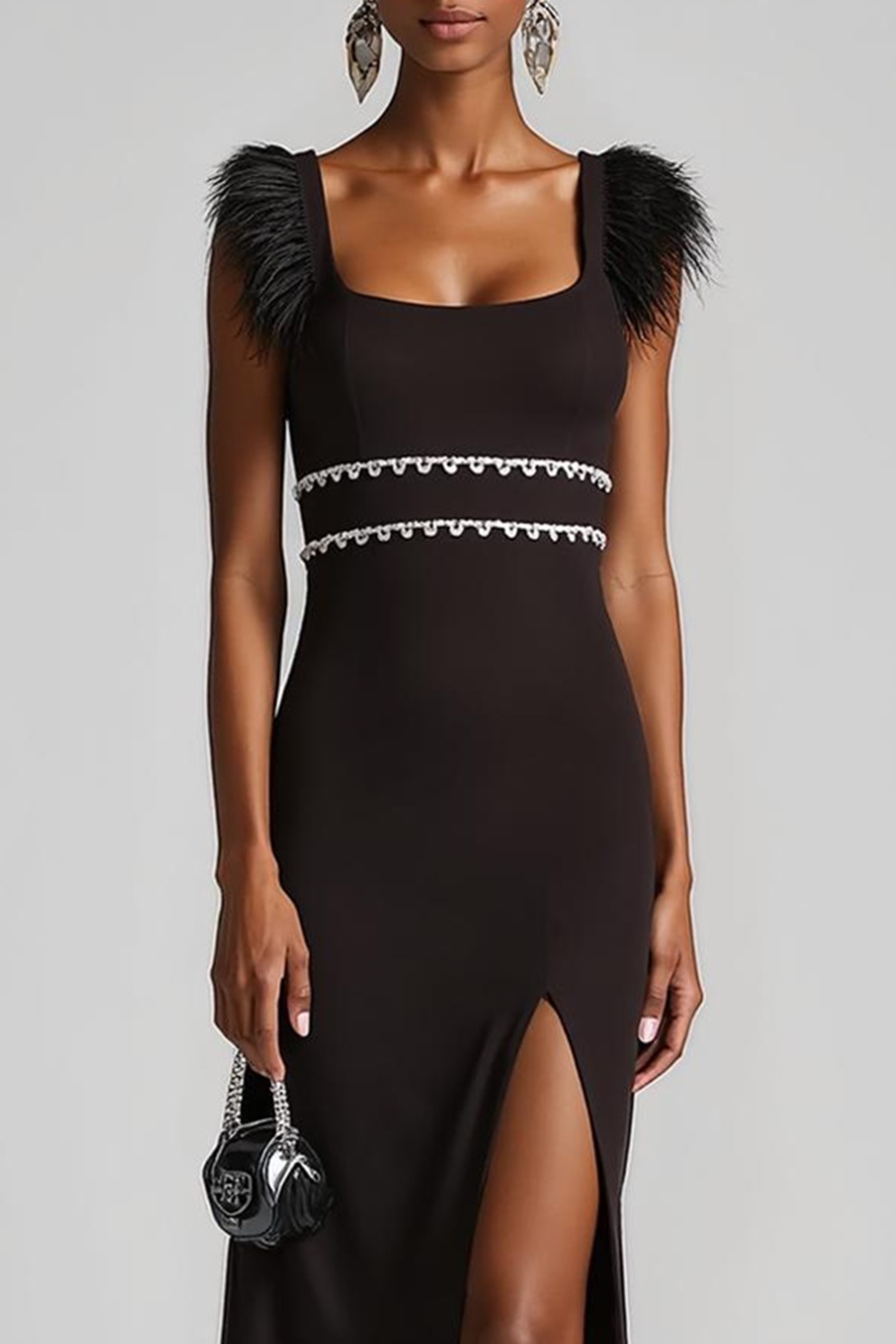 Black Sheath Square Neck Long Formal Dress with Feather