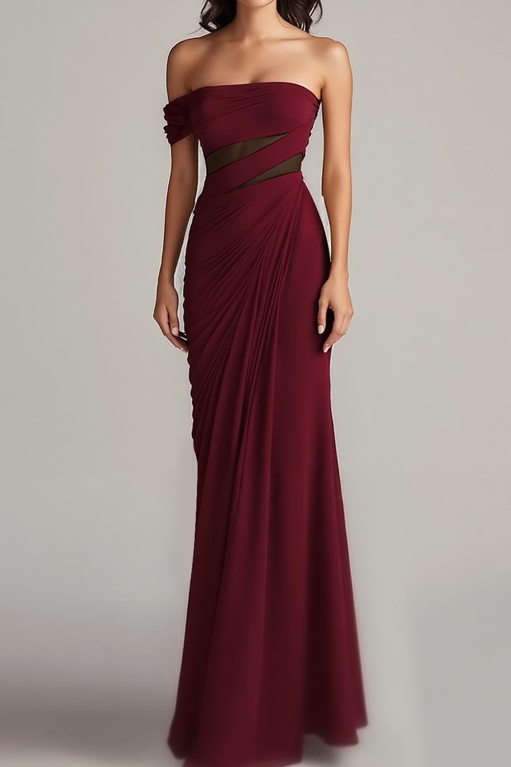 Formal Evening Dress Burgundy Off the Shoulder Ruched Maxi Dress