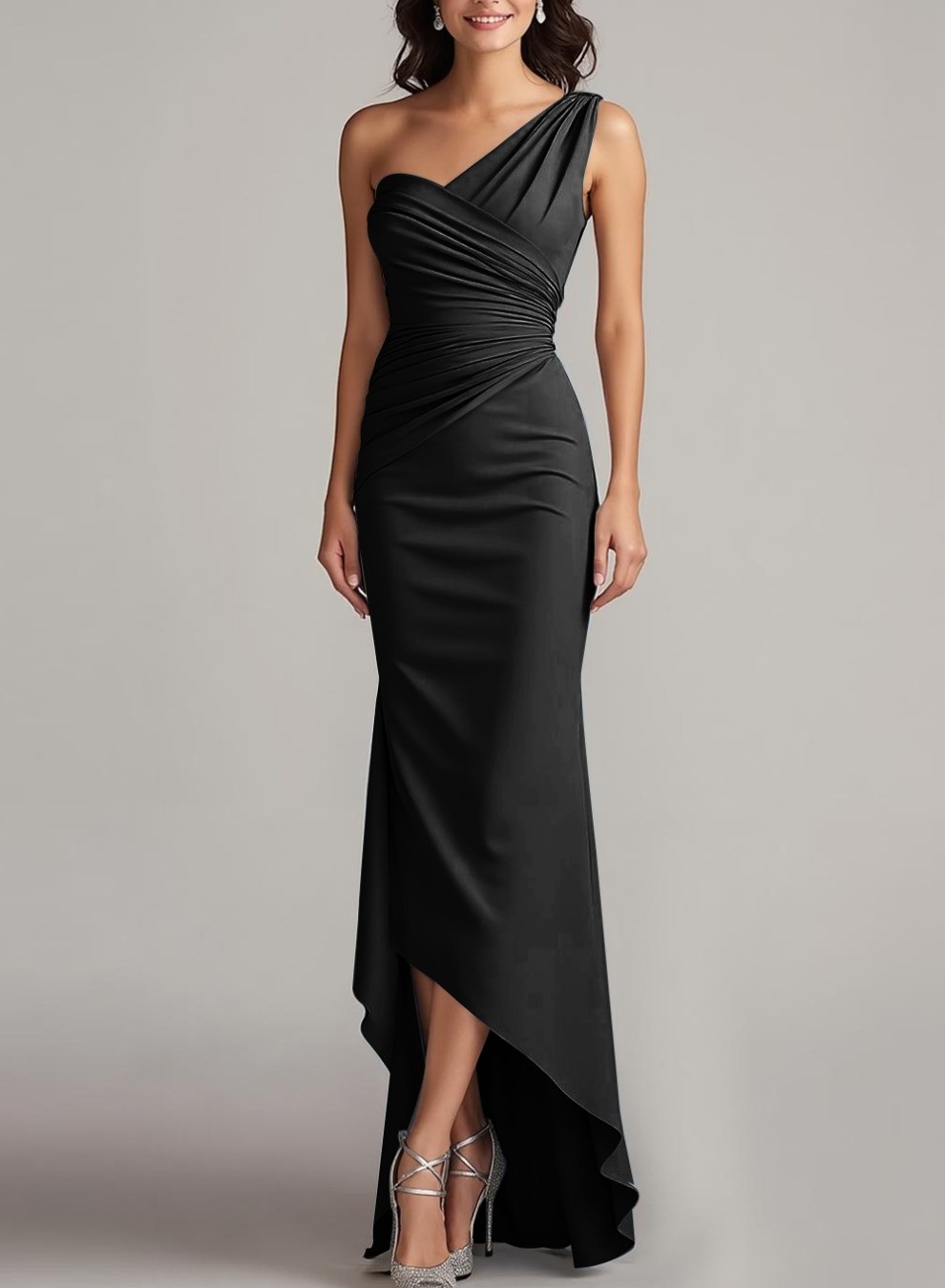 Dusty Blue One Shoulder Ruched High Low Evening Dress