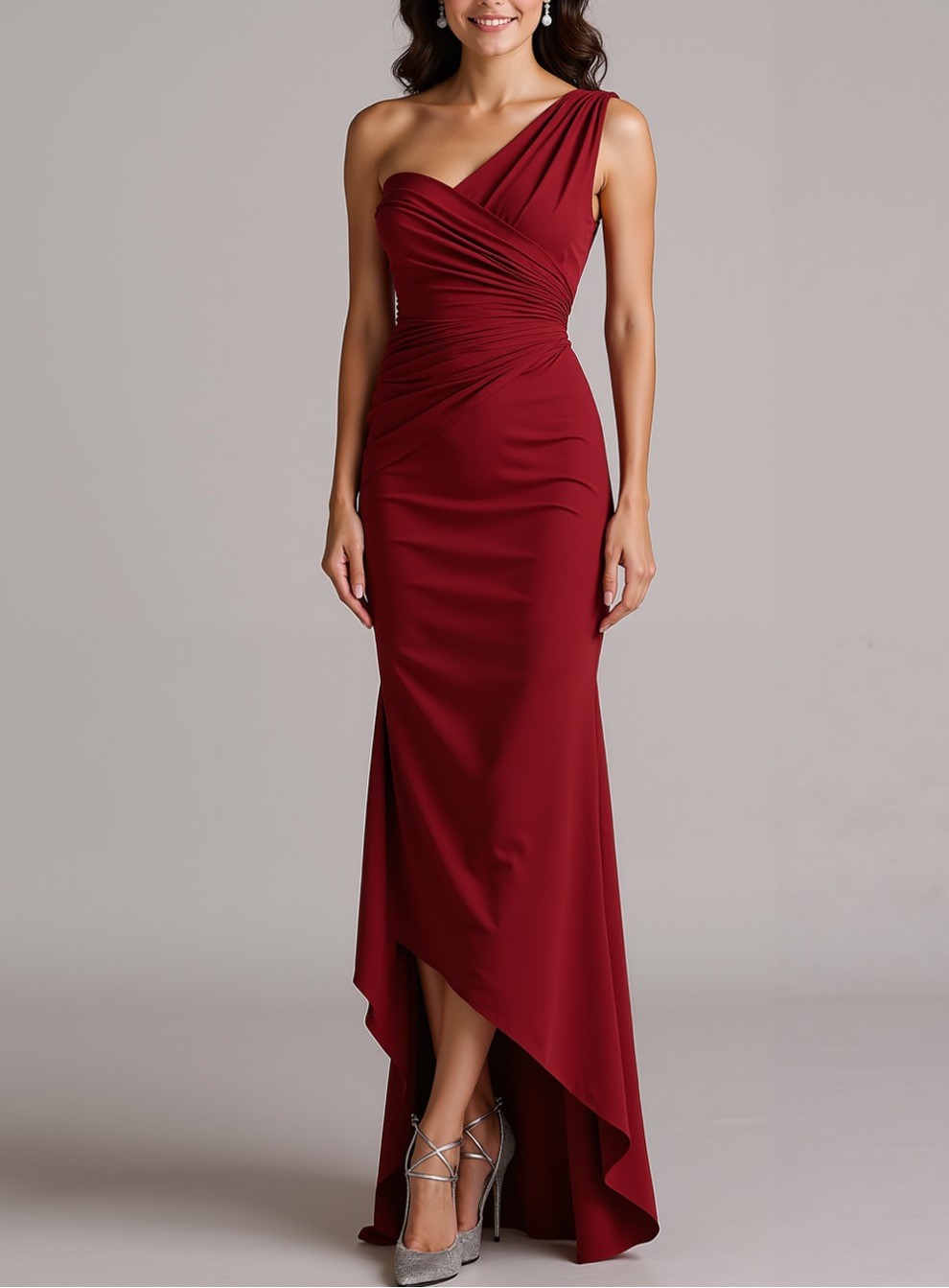 Dusty Blue One Shoulder Ruched High Low Evening Dress