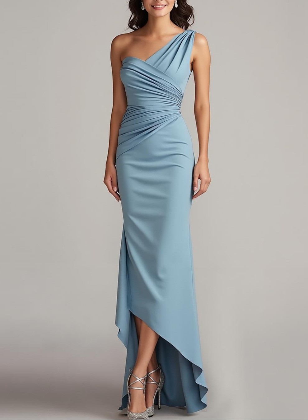 Dusty Blue One Shoulder Ruched High Low Evening Dress