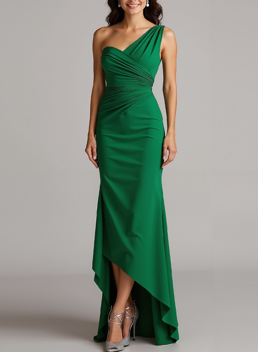 Dusty Blue One Shoulder Ruched High Low Evening Dress