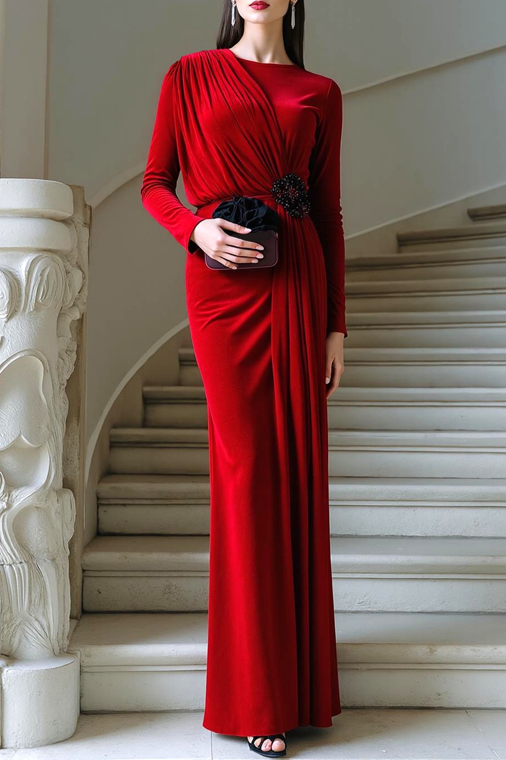 Formal Dress Red Crew Neck Long Sleeve Chiffon Maxi Dress