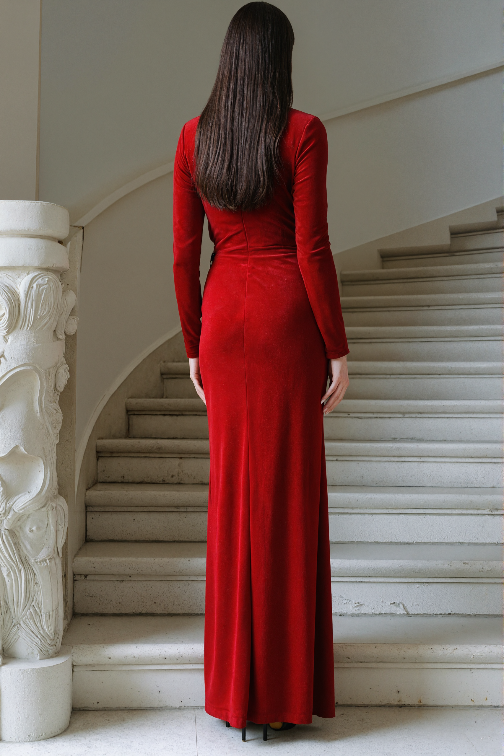 Formal Dress Red Crew Neck Long Sleeve Chiffon Maxi Dress