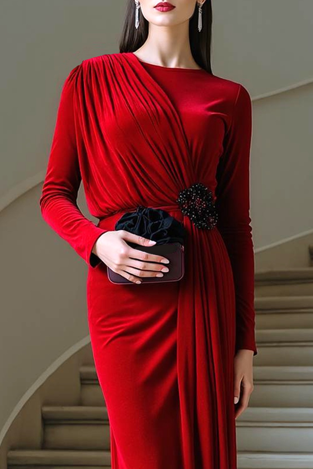 Formal Dress Red Crew Neck Long Sleeve Chiffon Maxi Dress