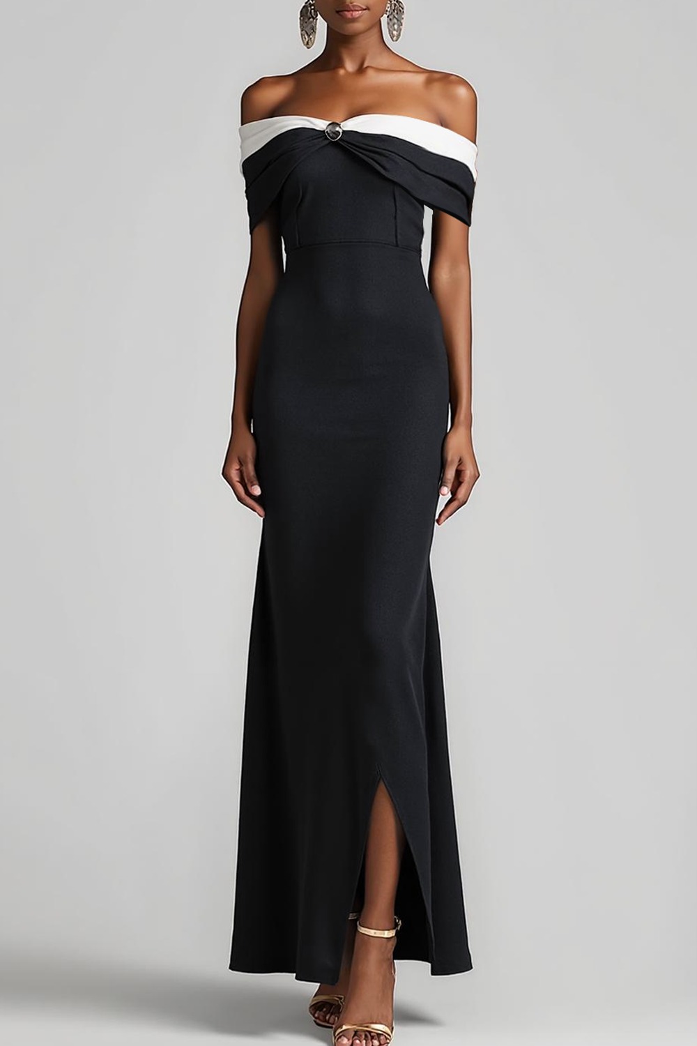 Evening Formal Dress Black Off the Shoulder Slit Maxi Dress