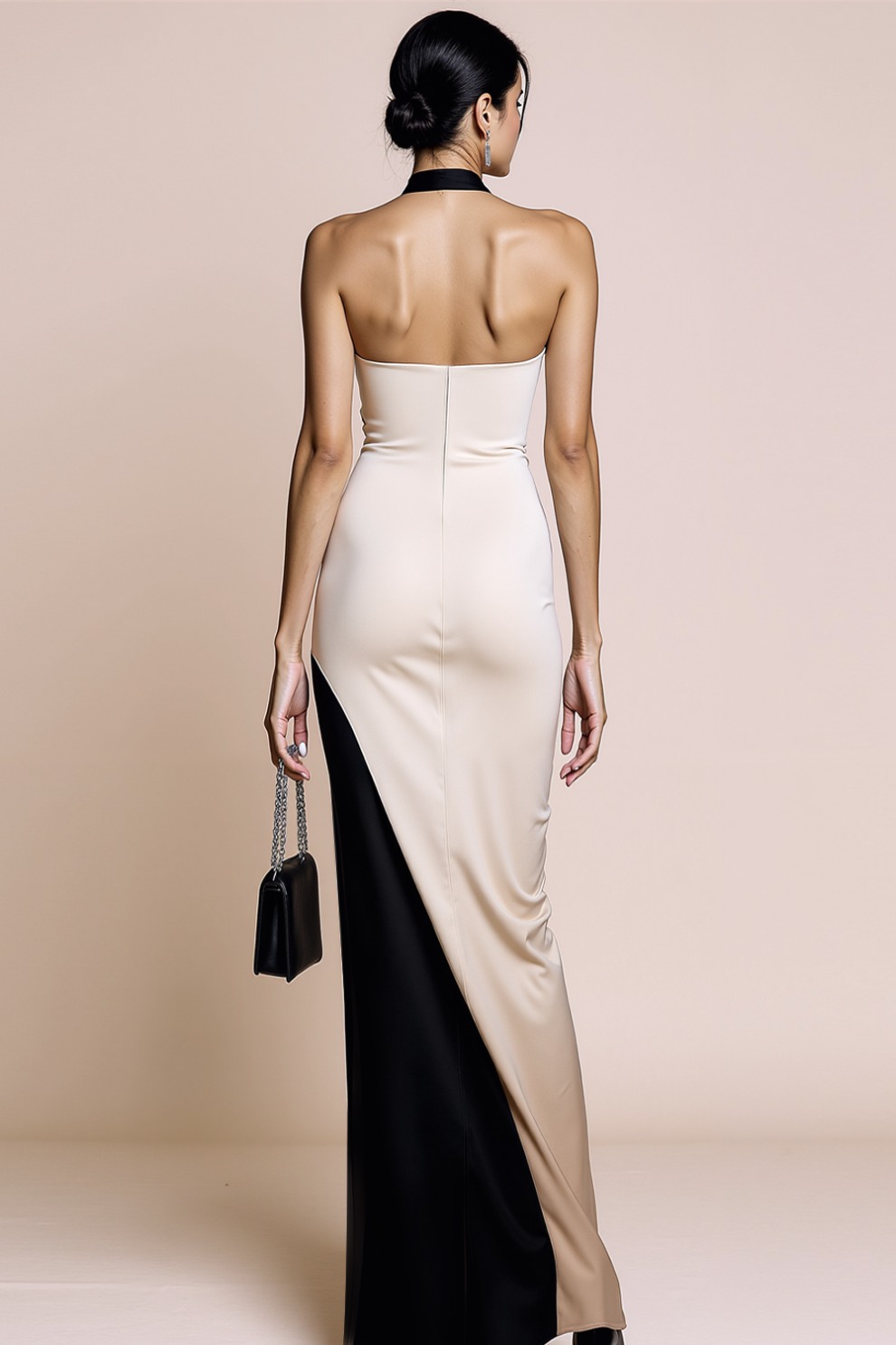 Ivory Black Patchwork Satin Halter Maxi Evening Dress