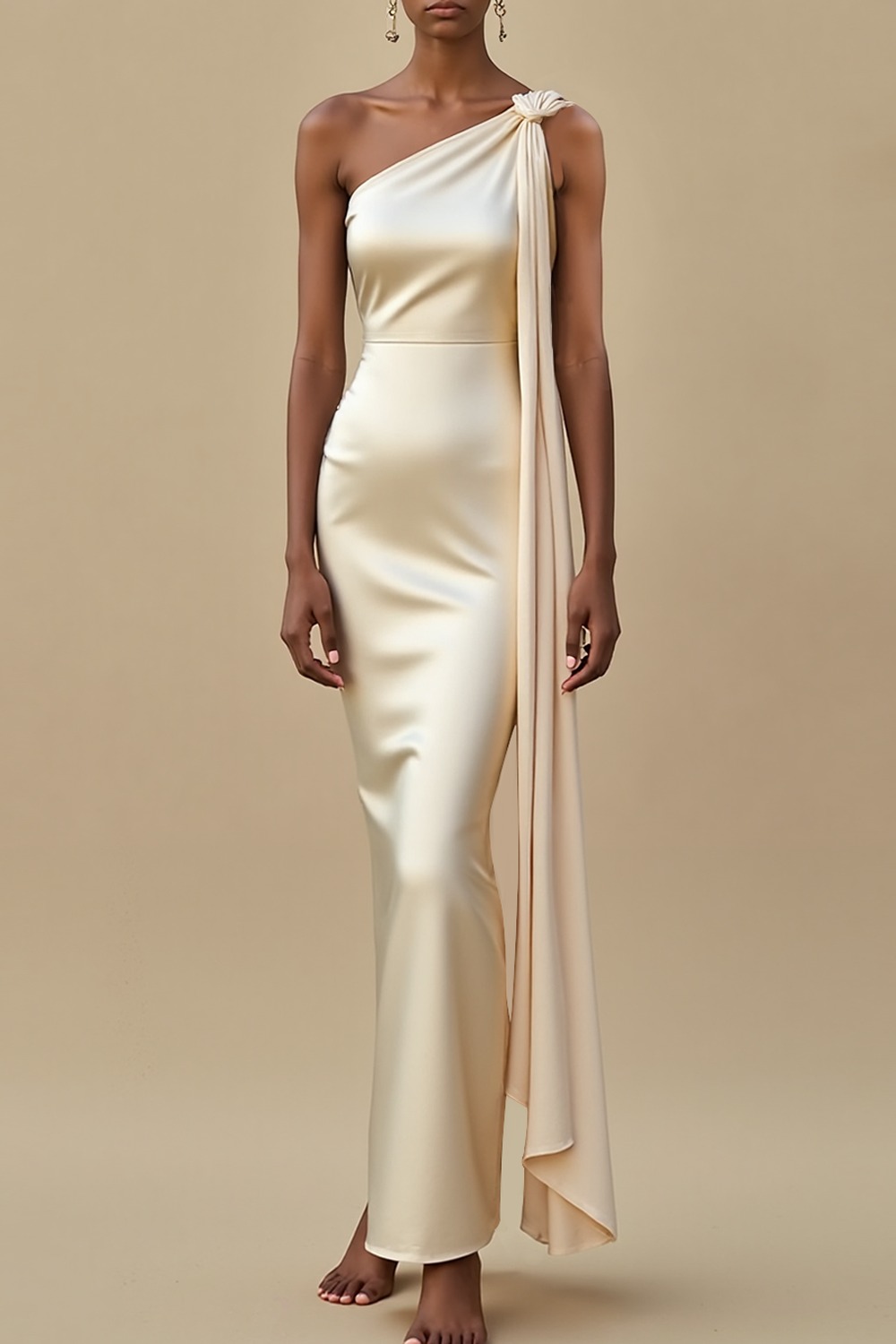Formal Evening Dress Ivory One Shoulder Cape Maxi Dress