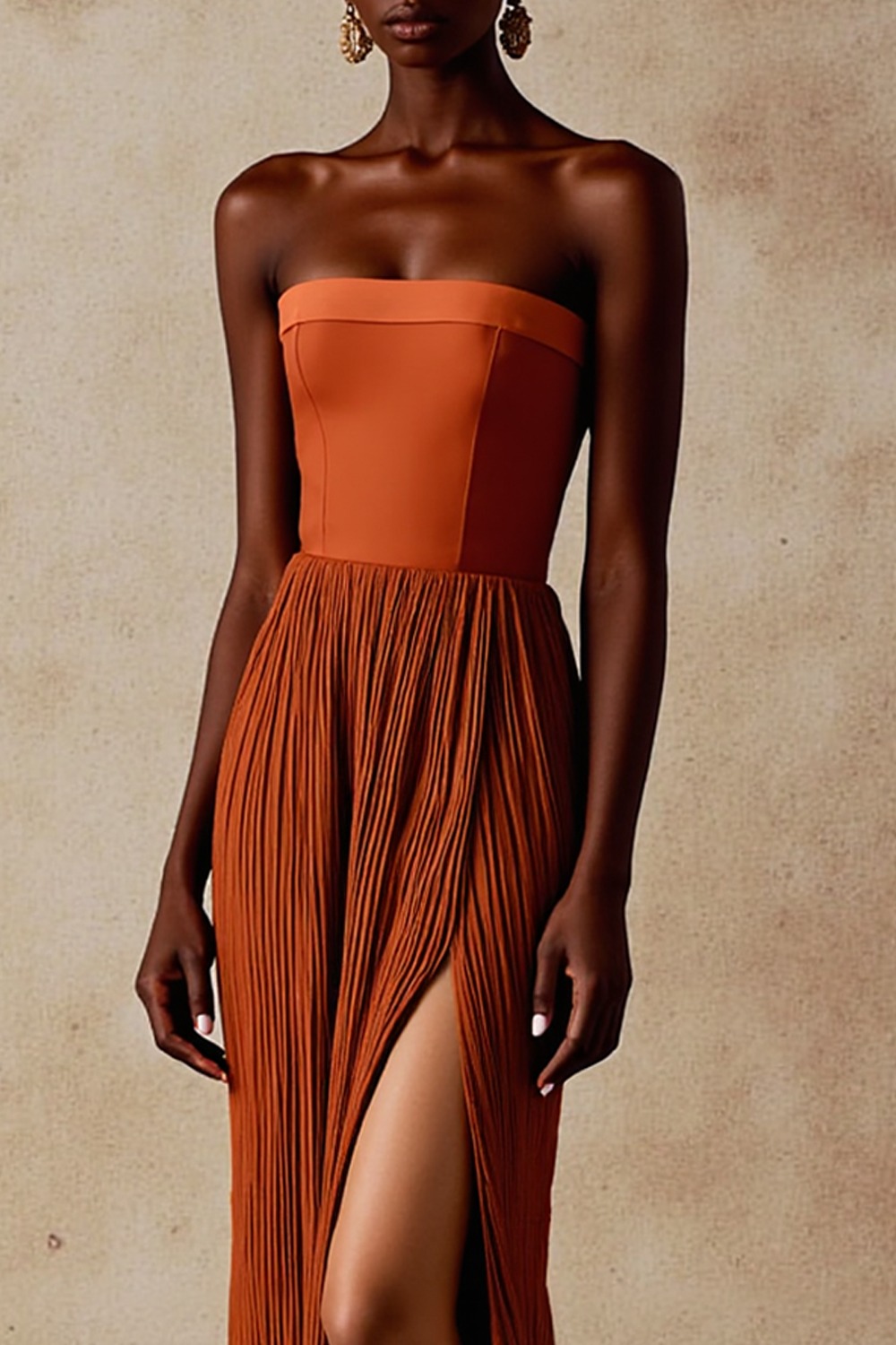 Formal Dress Terracotta Off the Shoulder Pleated Chiffon Maxi Dress with Slit