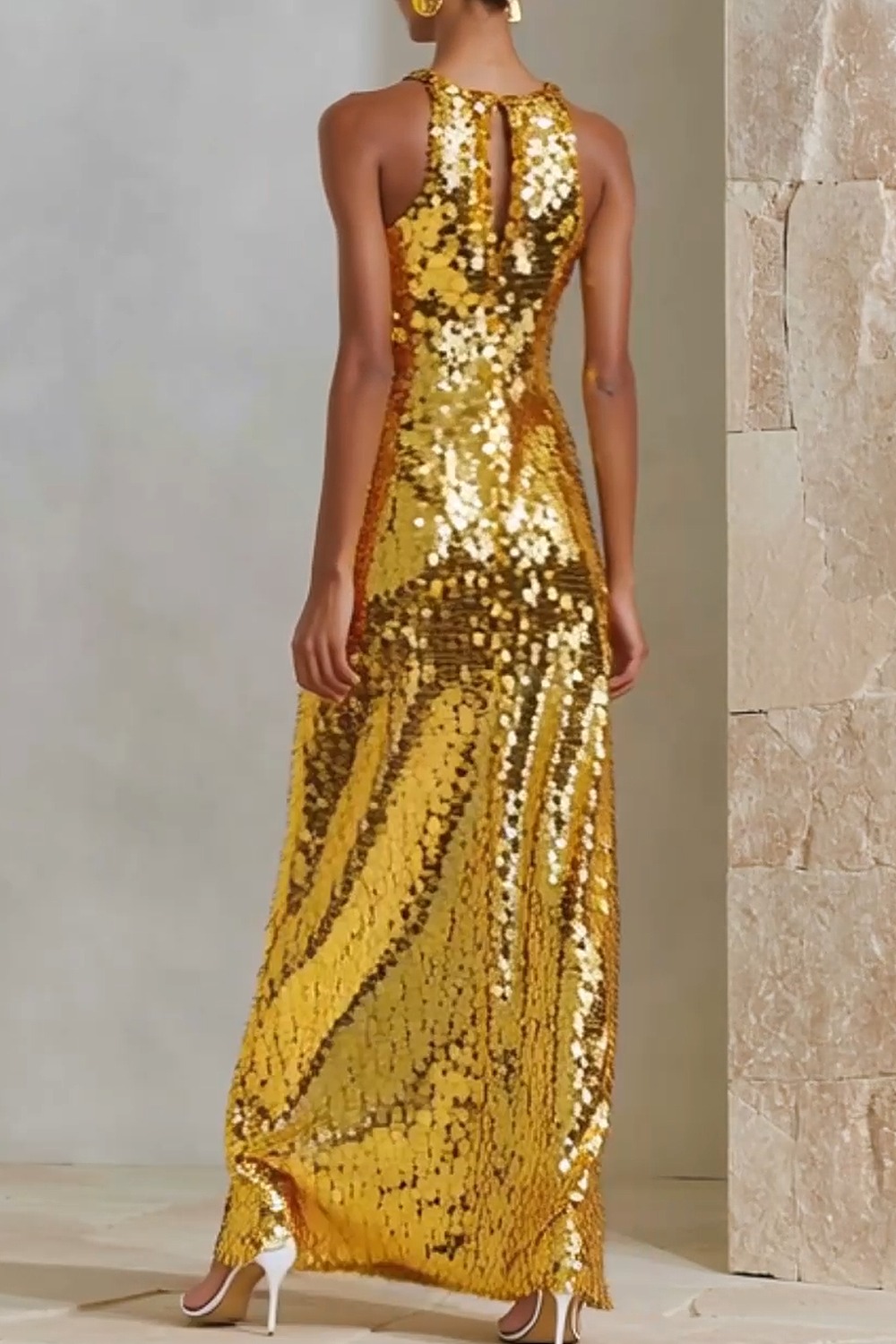 Sparkly Formal Evening Dress Gold Crew Neck Sequin Maxi Dress