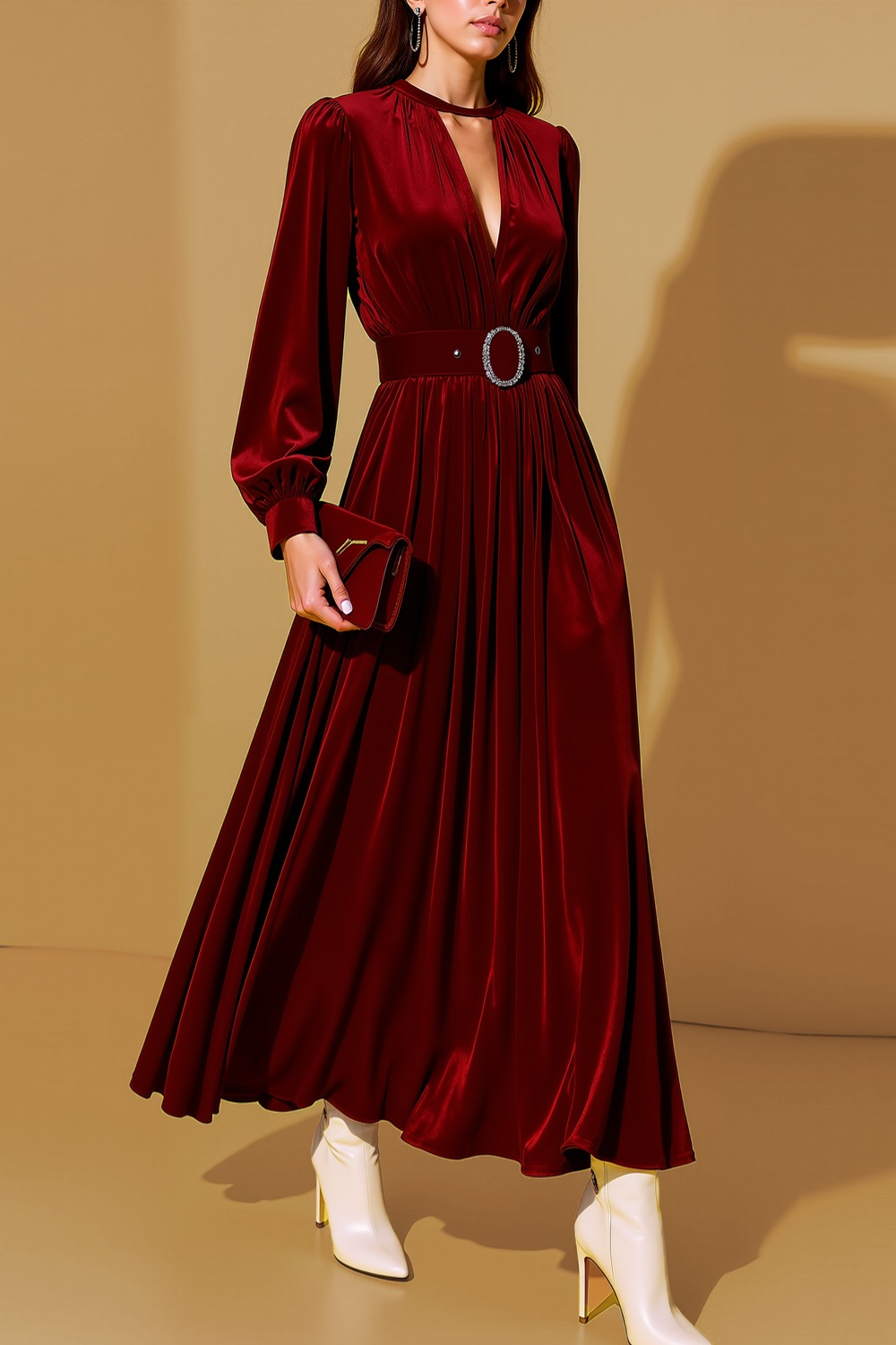 Formal Dress Burgundy V-Neck Long Sleeve Velvet Maxi Dress