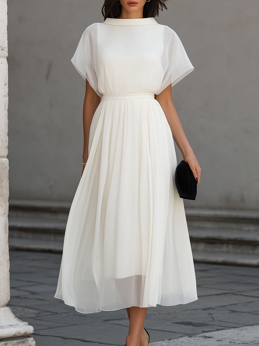 White High Neck Sheer Sleeve Pleated Midi Dress