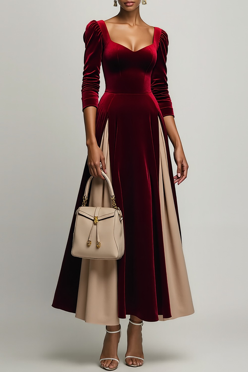 Formal Dress Burgundy Square Neck Long Sleeve Velvet Ankle-Length Dress