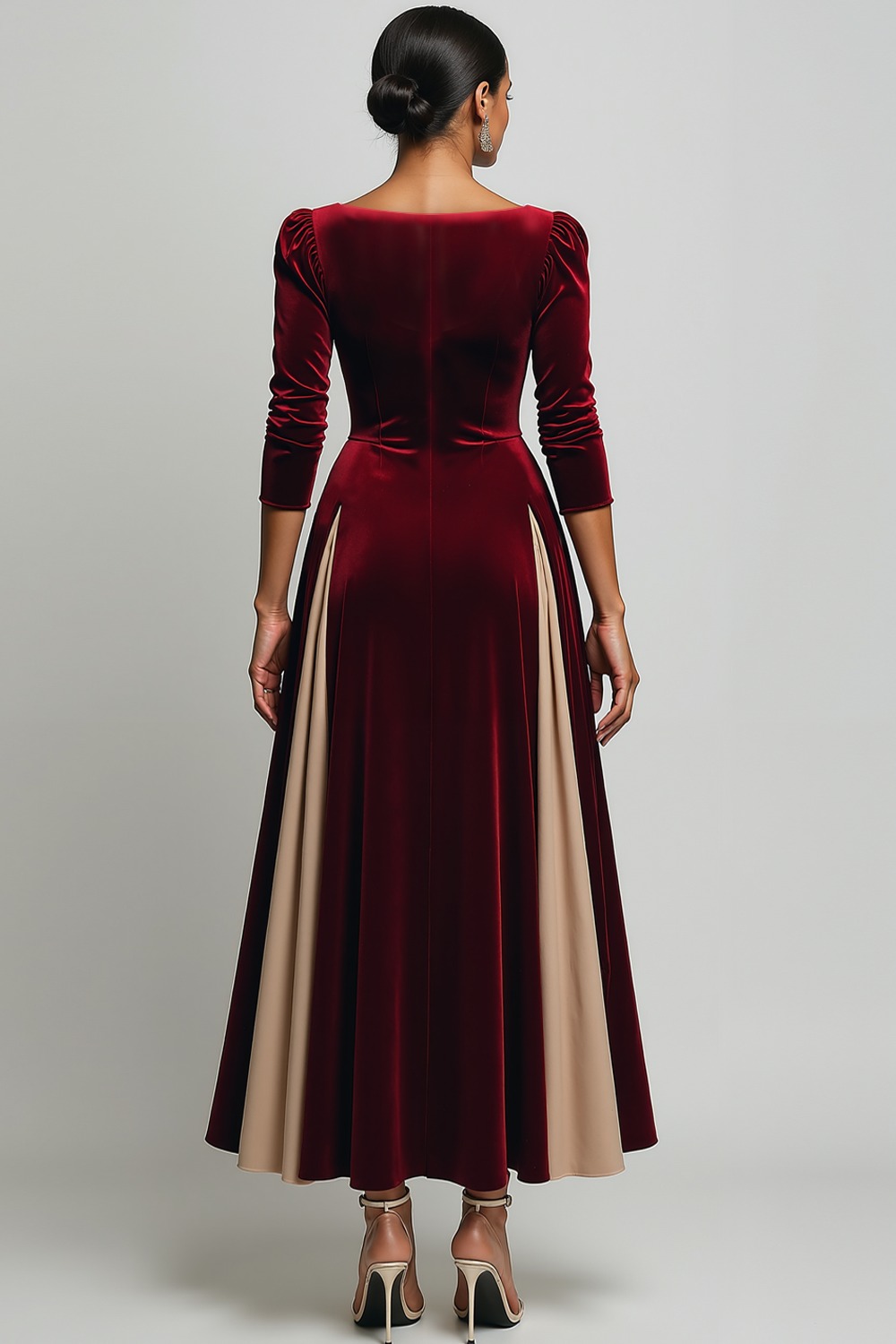 Formal Dress Burgundy Square Neck Long Sleeve Velvet Ankle-Length Dress