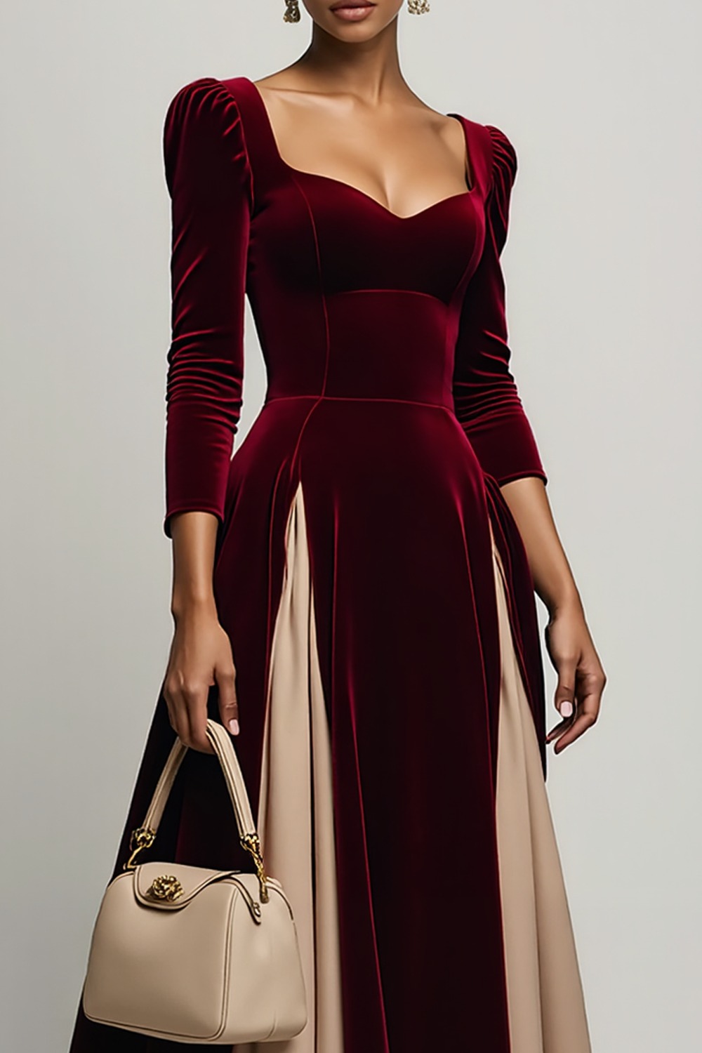 Formal Dress Burgundy Square Neck Long Sleeve Velvet Ankle-Length Dress
