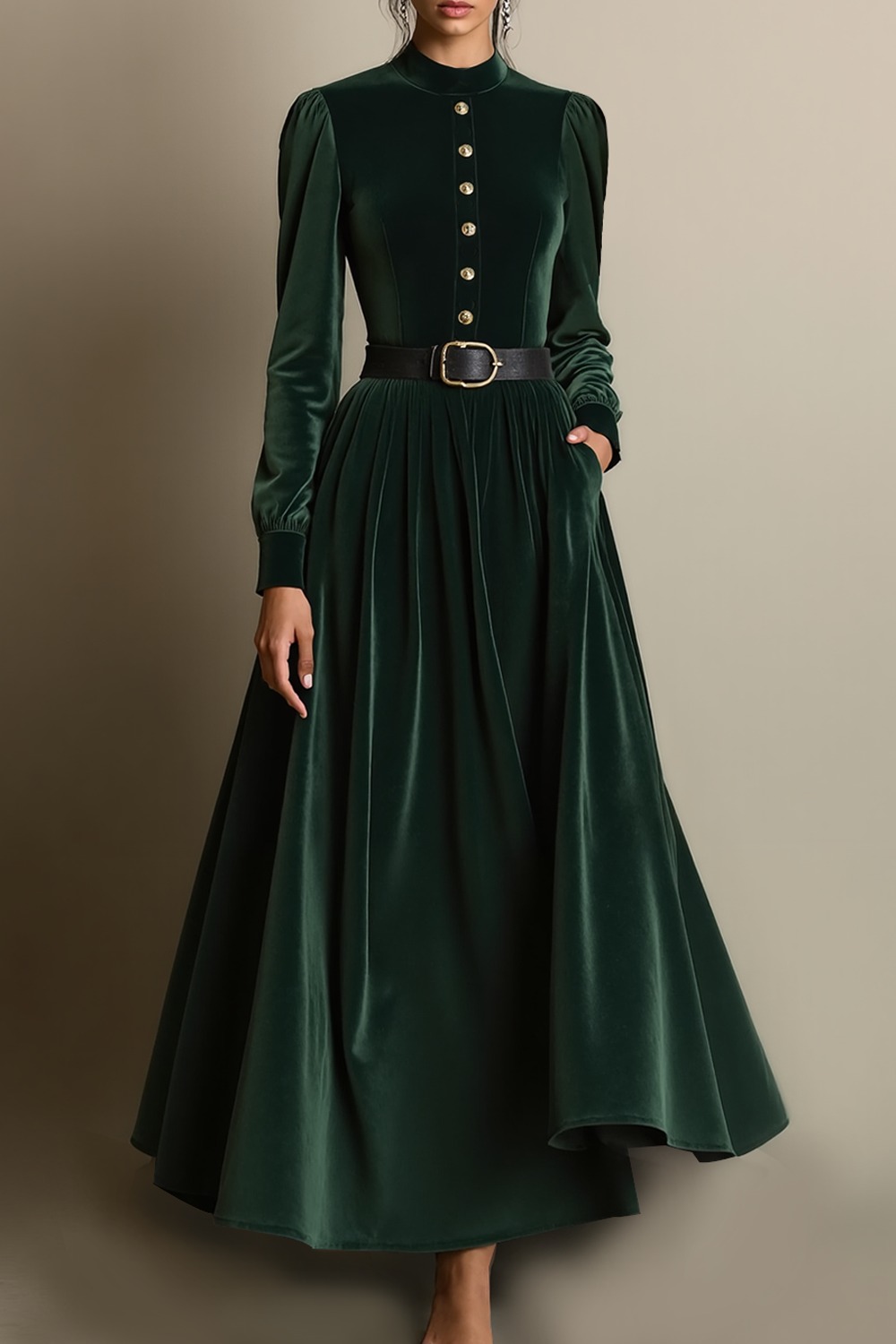 Evening Formal Dress Dark Green Long Sleeve Velvet Belted Ankle-Length Dress