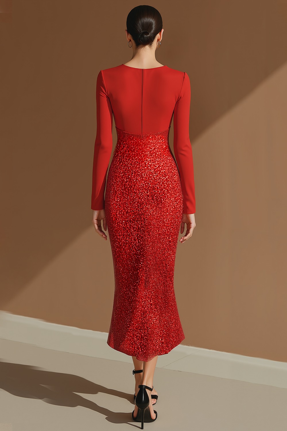 Sparkly Formal Dress Mermaid Red Crew Neck Sequin Midi Dress with Slit