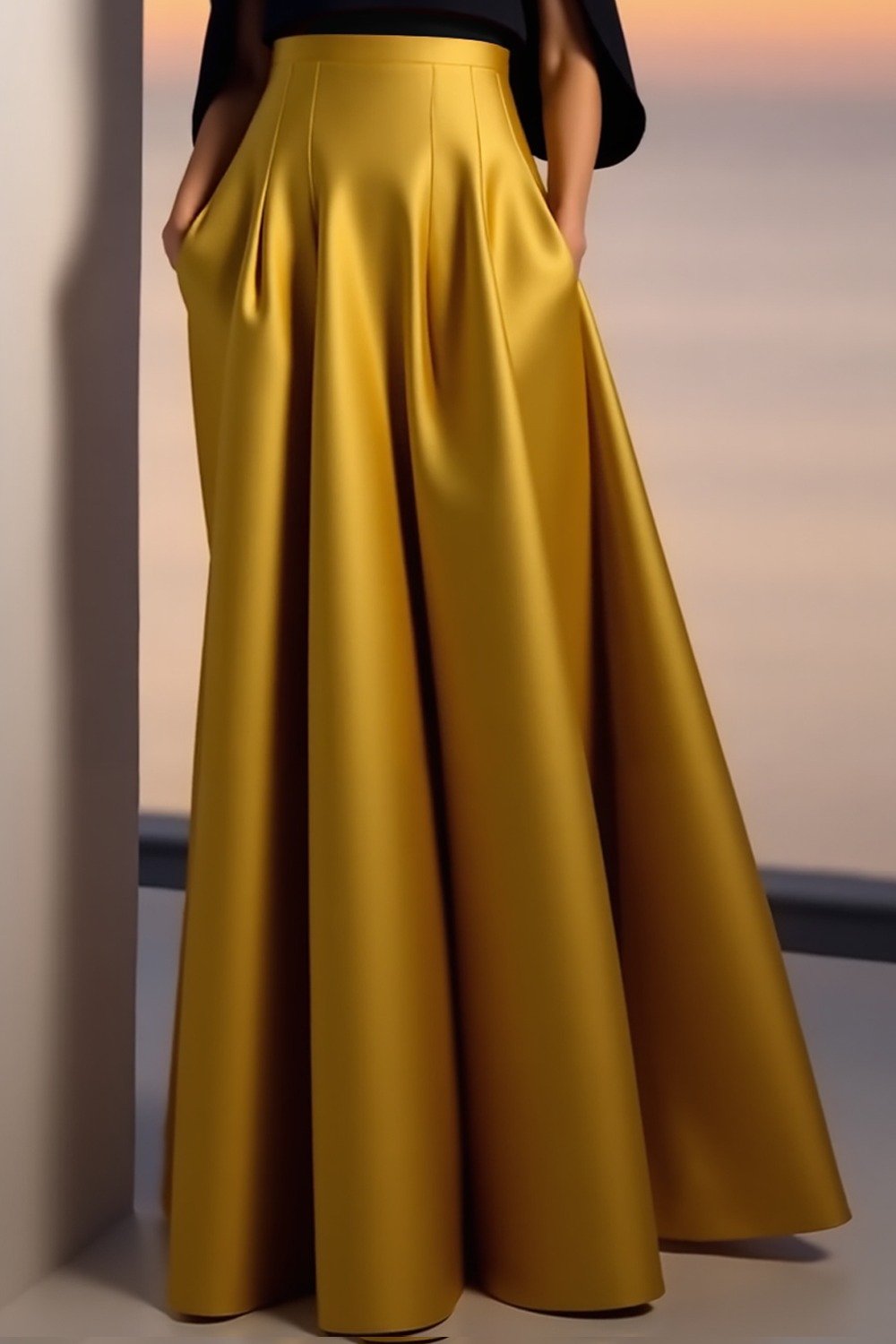 Evening Formal Dress Gold A-Line Crew Neck Satin Maxi Dress