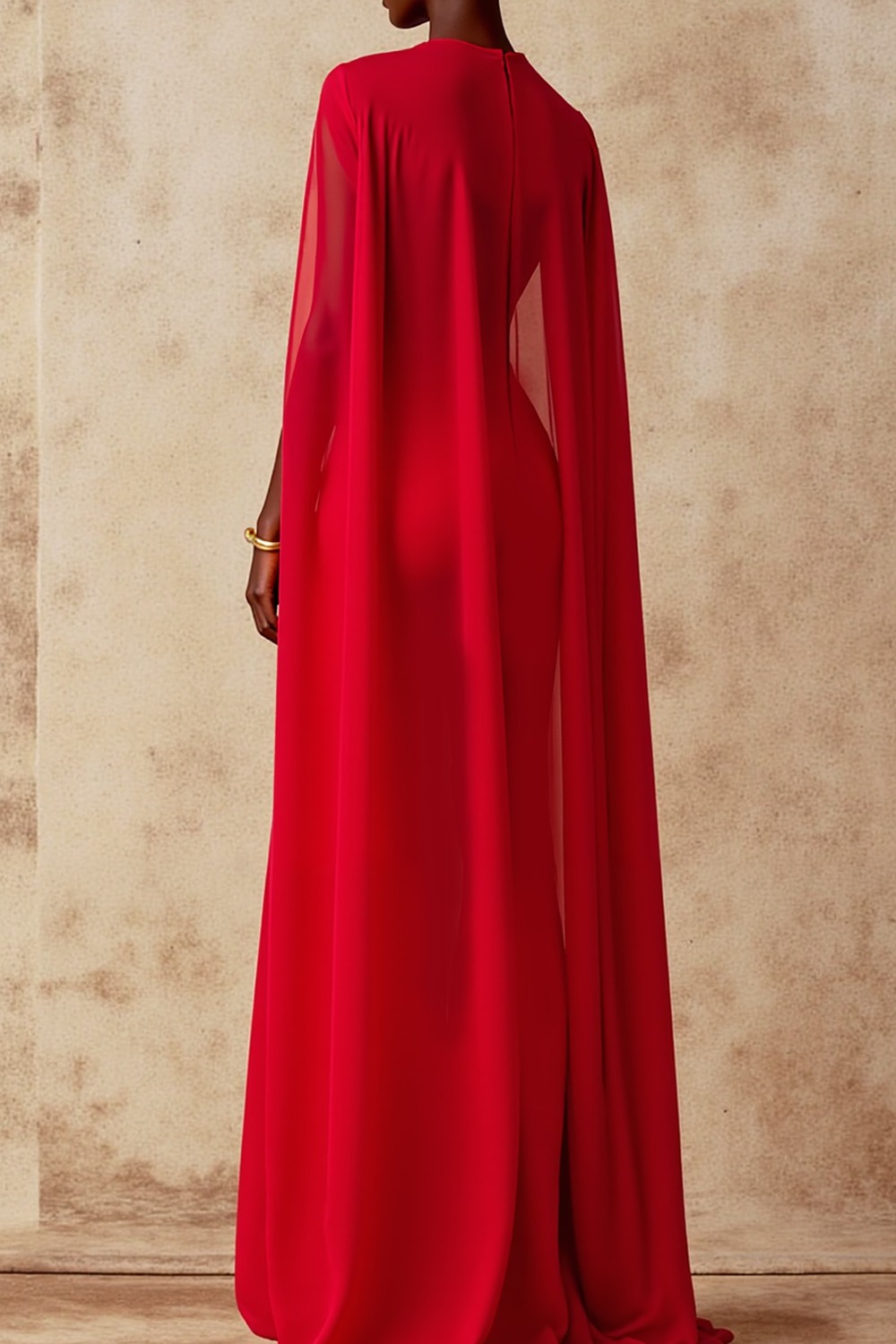 Evening Formal Dress Red Mermaid V-Neck Cape Maxi Dress