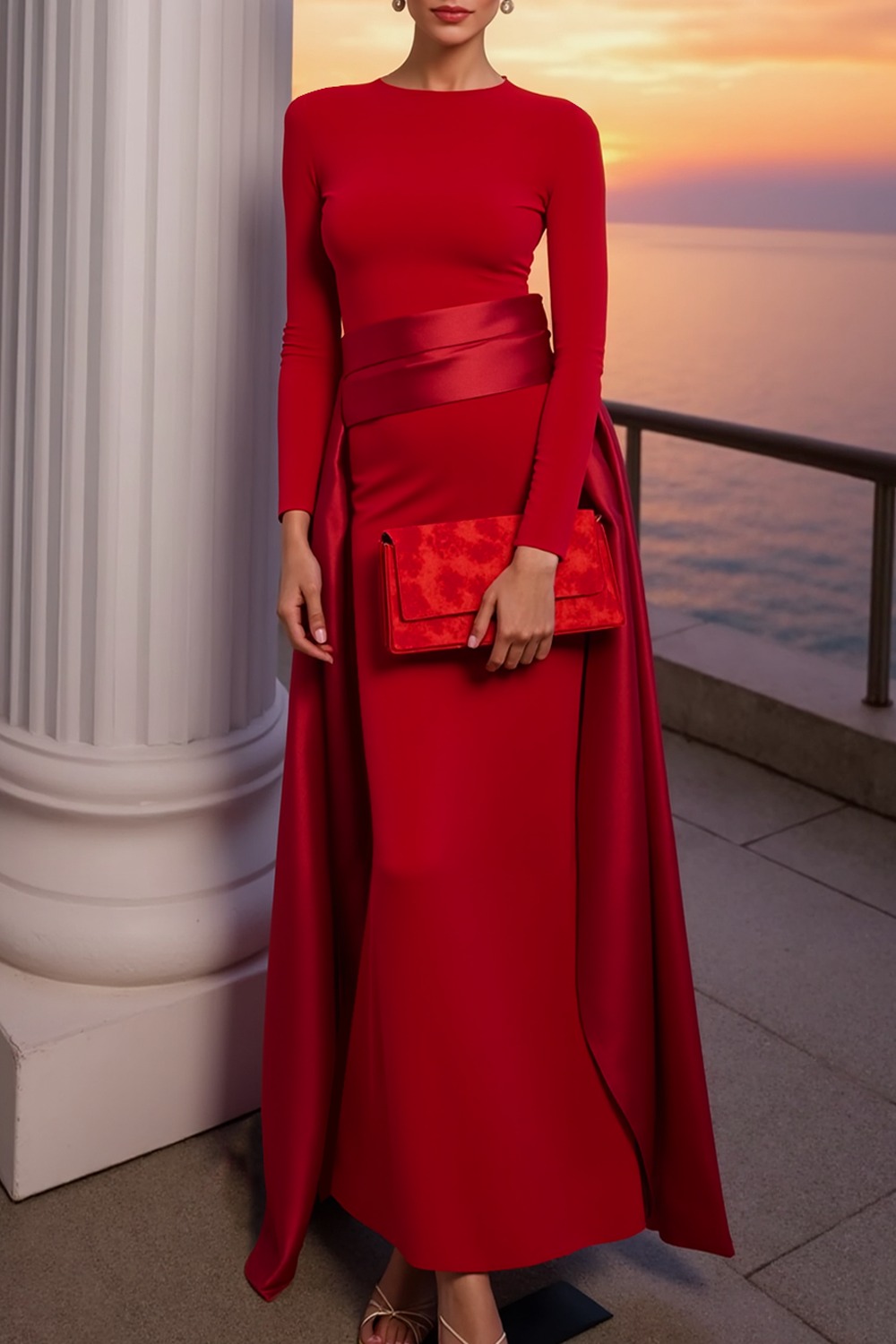 Red Evening Formal Dress Sheath Crew Neck Maxi Dress with Wrap