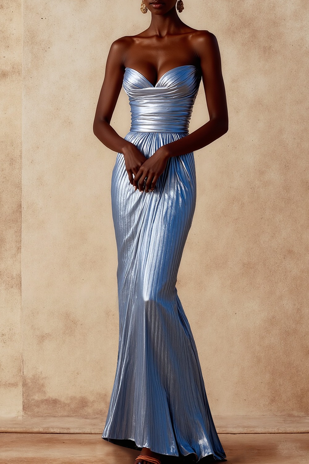 Sky Blue Formal Dress Mermaid Strapless Metallic Satin Maxi Dress
