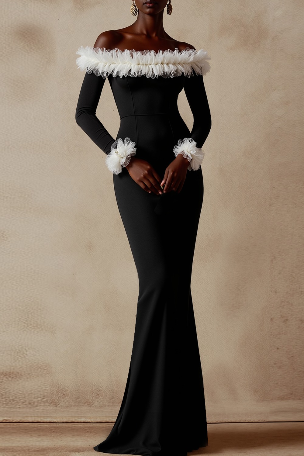 Formal Dress Black Mermaid Off the Shoulder Flowers Maxi Dress