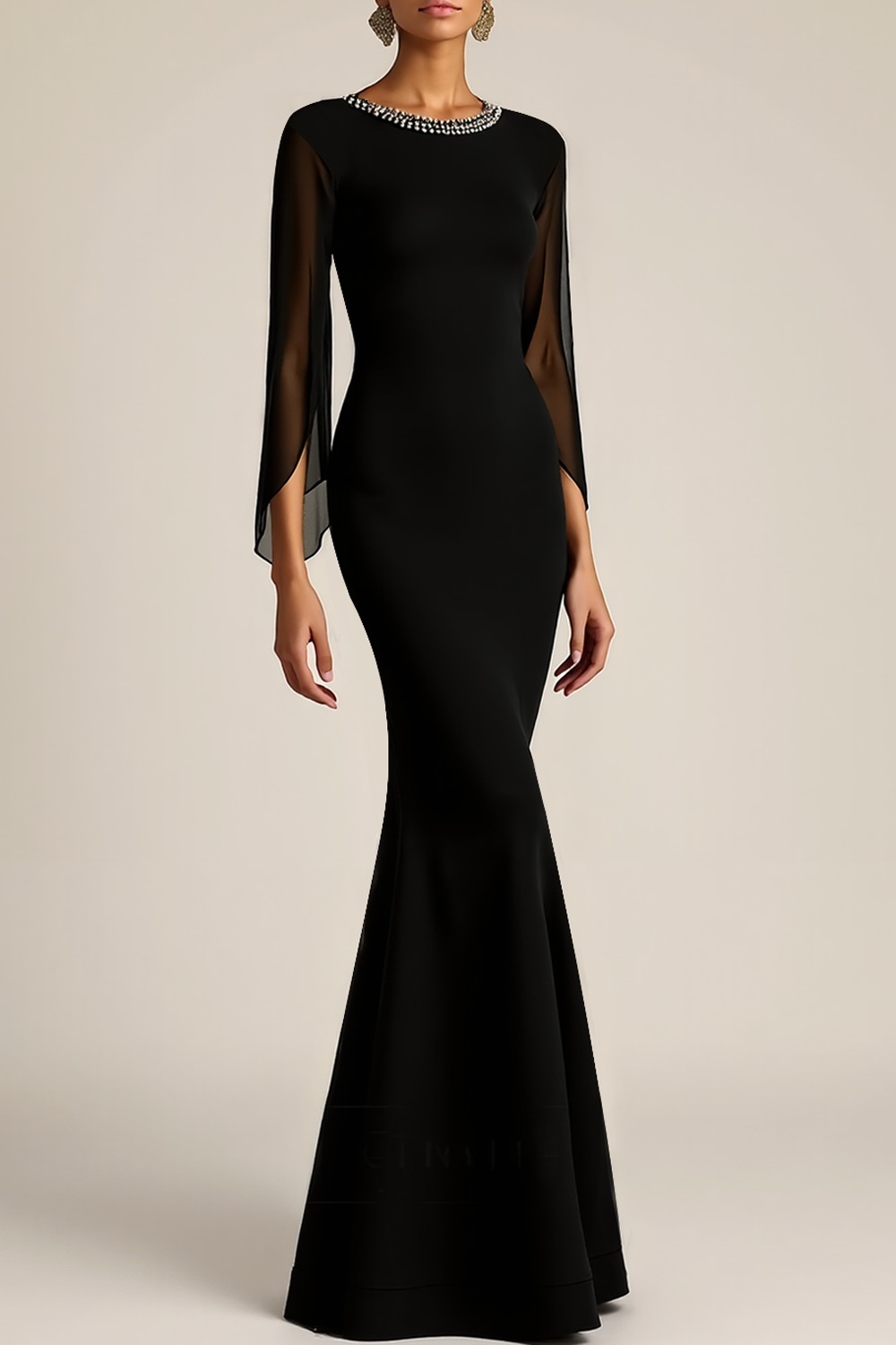 Formal Dress Black Mermaid Beaded Crew Neck Maxi Dress