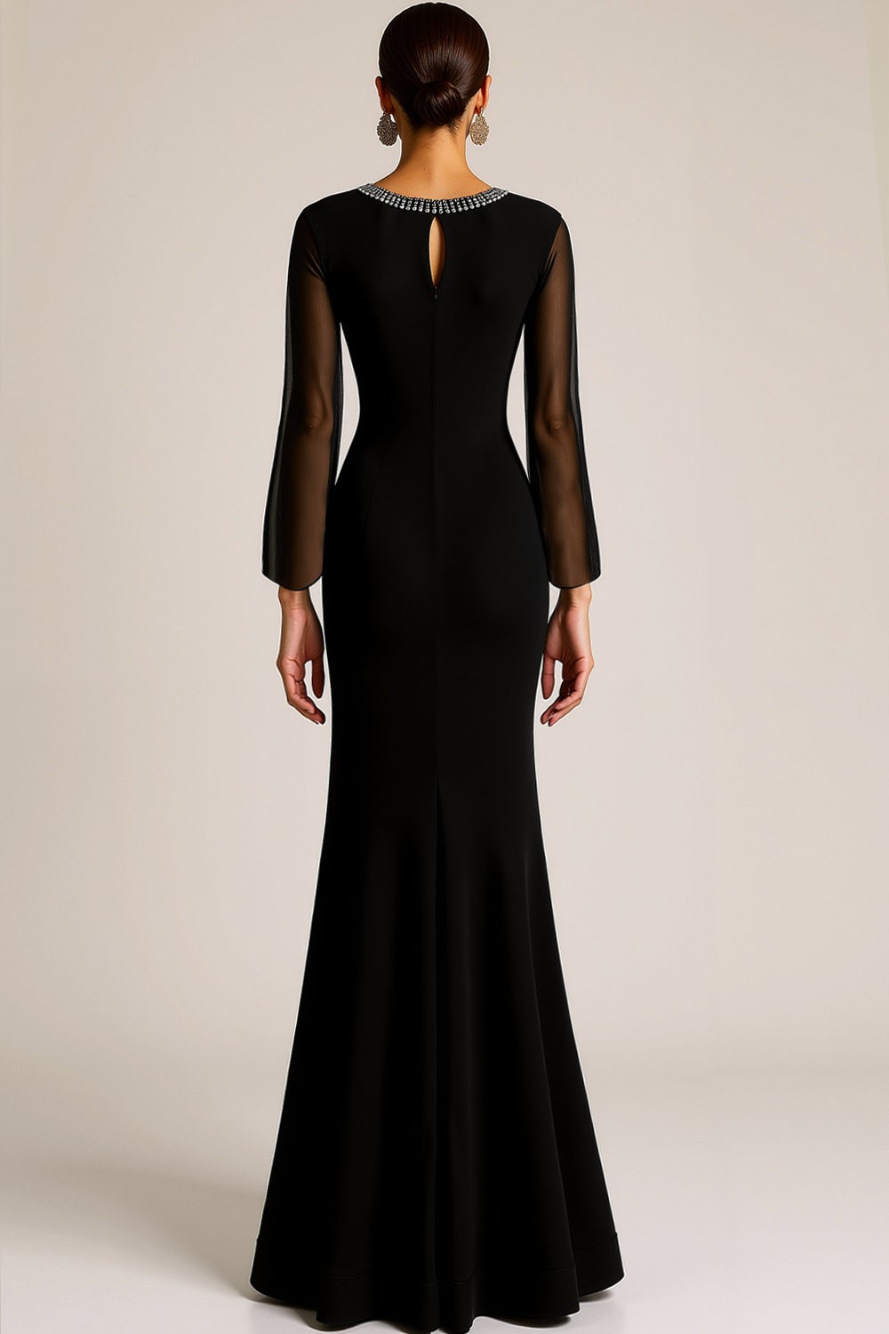 Formal Dress Black Mermaid Beaded Crew Neck Maxi Dress
